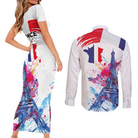 Bastille Day Couples Matching Short Sleeve Bodycon Dress and Long Sleeve Button Shirt Eiffel Tower Brush Strokes Colorful with The Map