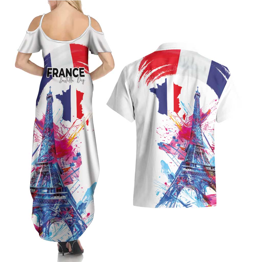Bastille Day Couples Matching Summer Maxi Dress and Hawaiian Shirt Eiffel Tower Brush Strokes Colorful with The Map