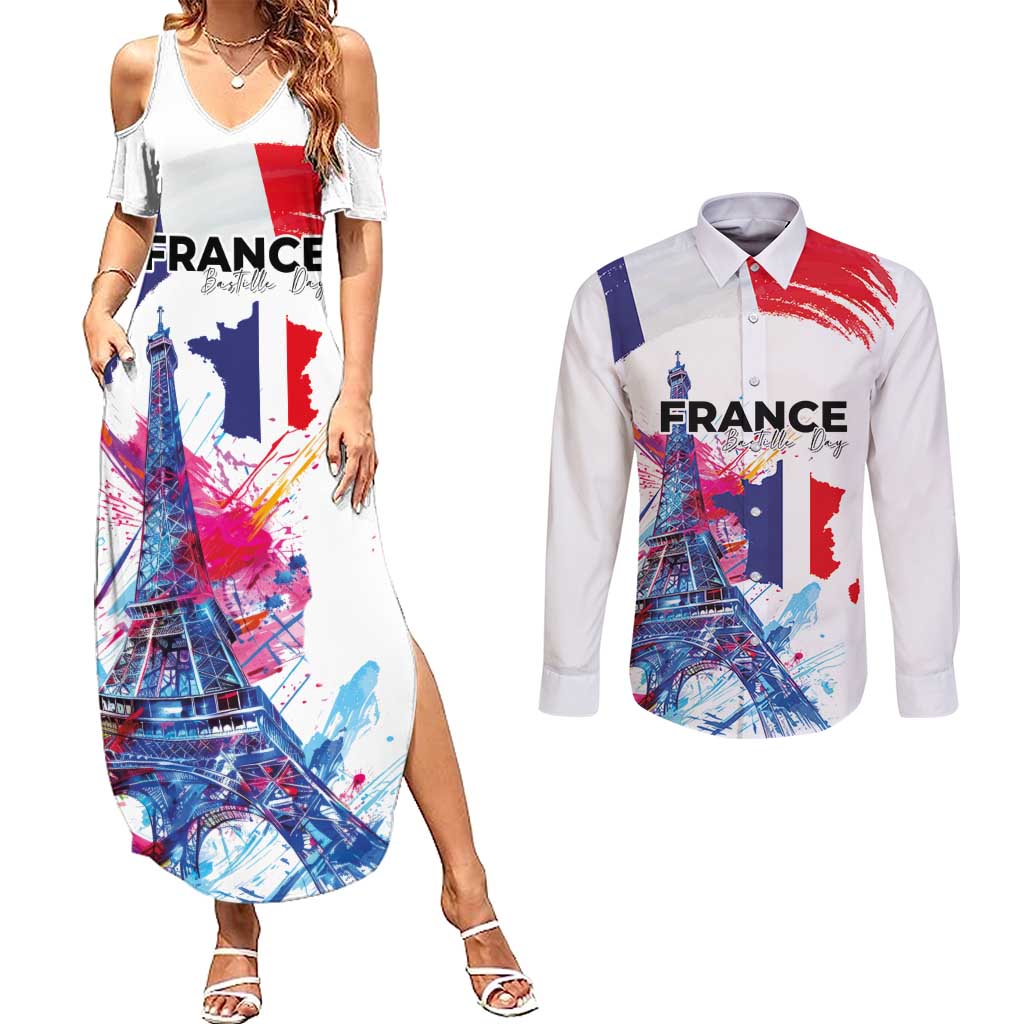 Bastille Day Couples Matching Summer Maxi Dress and Long Sleeve Button Shirt Eiffel Tower Brush Strokes Colorful with The Map