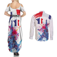 Bastille Day Couples Matching Summer Maxi Dress and Long Sleeve Button Shirt Eiffel Tower Brush Strokes Colorful with The Map