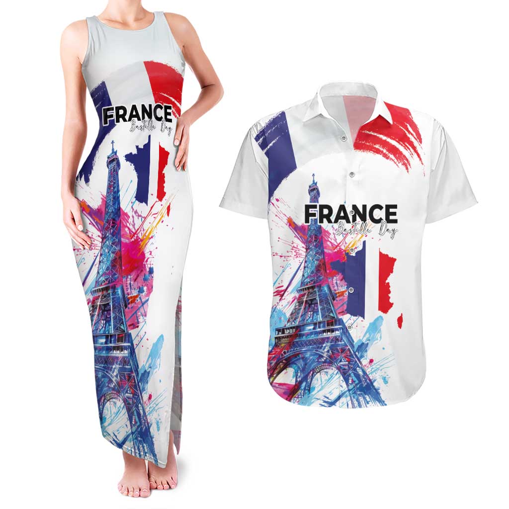 Bastille Day Couples Matching Tank Maxi Dress and Hawaiian Shirt Eiffel Tower Brush Strokes Colorful with The Map