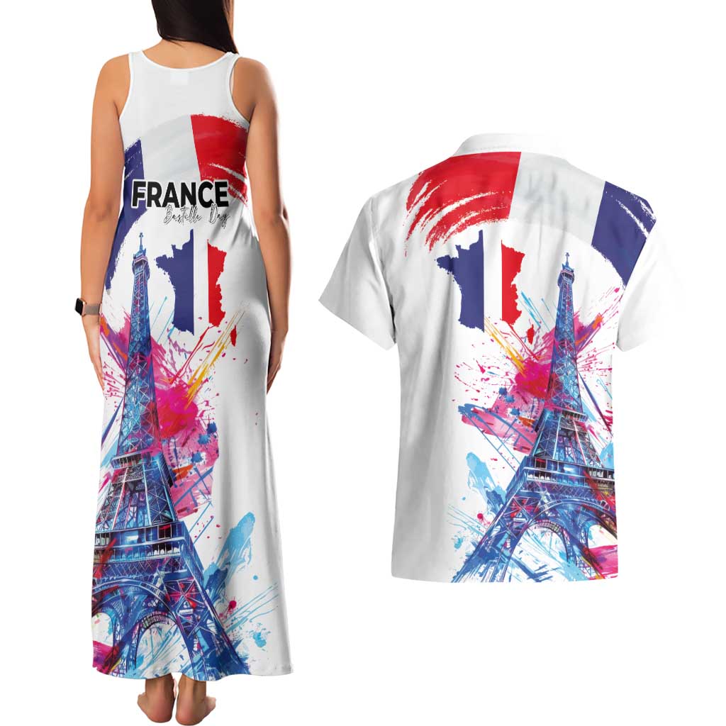 Bastille Day Couples Matching Tank Maxi Dress and Hawaiian Shirt Eiffel Tower Brush Strokes Colorful with The Map