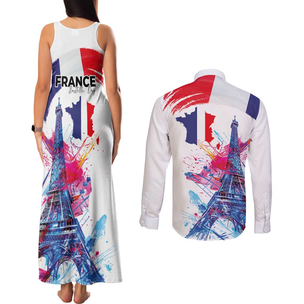 Bastille Day Couples Matching Tank Maxi Dress and Long Sleeve Button Shirt Eiffel Tower Brush Strokes Colorful with The Map
