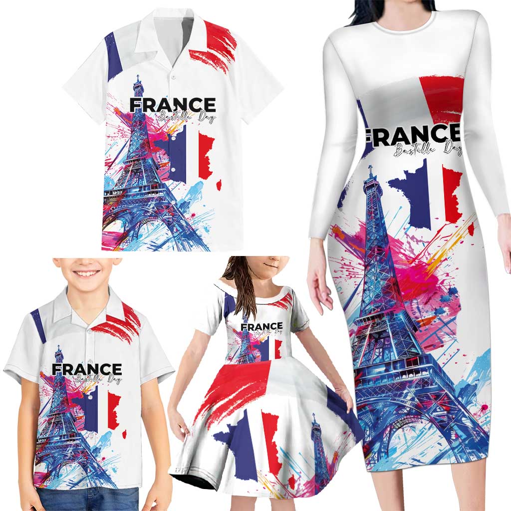 Bastille Day Family Matching Long Sleeve Bodycon Dress and Hawaiian Shirt Eiffel Tower Brush Strokes Colorful with The Map