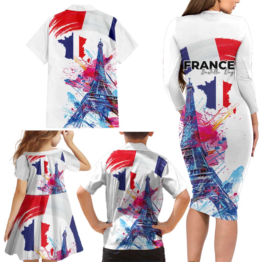 Bastille Day Family Matching Long Sleeve Bodycon Dress and Hawaiian Shirt Eiffel Tower Brush Strokes Colorful with The Map