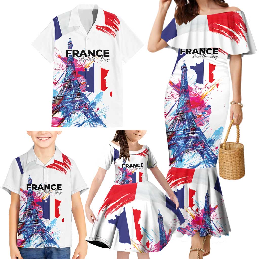 Bastille Day Family Matching Mermaid Dress and Hawaiian Shirt Eiffel Tower Brush Strokes Colorful with The Map