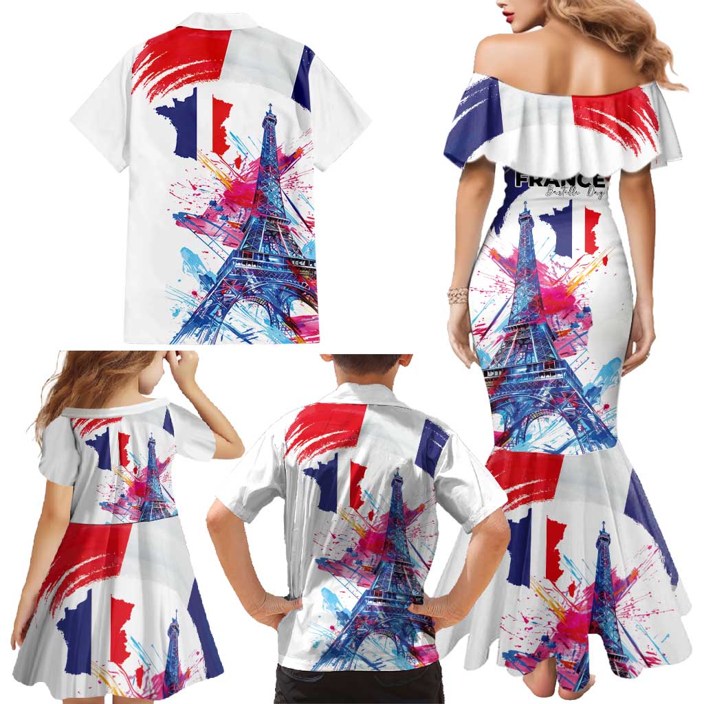 Bastille Day Family Matching Mermaid Dress and Hawaiian Shirt Eiffel Tower Brush Strokes Colorful with The Map
