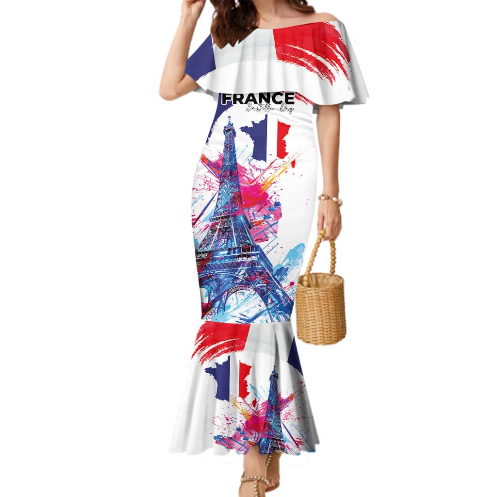 Bastille Day Family Matching Mermaid Dress and Hawaiian Shirt Eiffel Tower Brush Strokes Colorful with The Map
