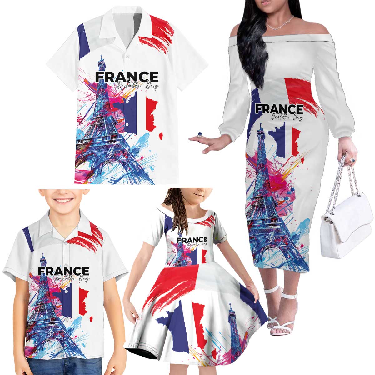Bastille Day Family Matching Off The Shoulder Long Sleeve Dress and Hawaiian Shirt Eiffel Tower Brush Strokes Colorful with The Map