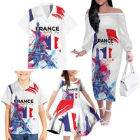Bastille Day Family Matching Off The Shoulder Long Sleeve Dress and Hawaiian Shirt Eiffel Tower Brush Strokes Colorful with The Map