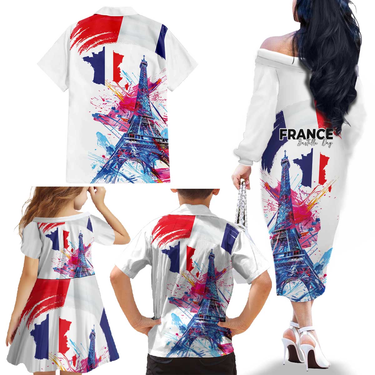 Bastille Day Family Matching Off The Shoulder Long Sleeve Dress and Hawaiian Shirt Eiffel Tower Brush Strokes Colorful with The Map