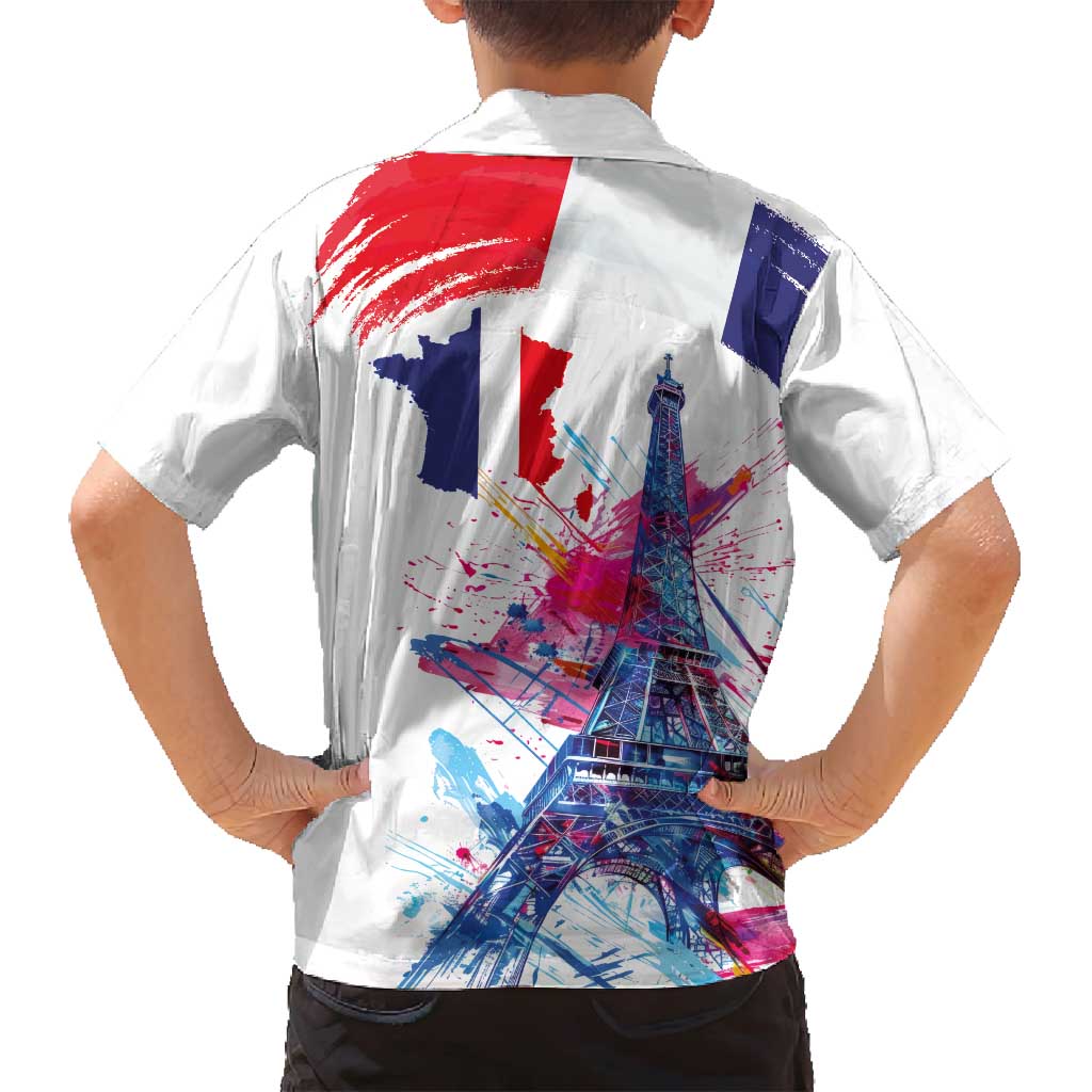 Bastille Day Family Matching Off Shoulder Maxi Dress and Hawaiian Shirt Eiffel Tower Brush Strokes Colorful with The Map