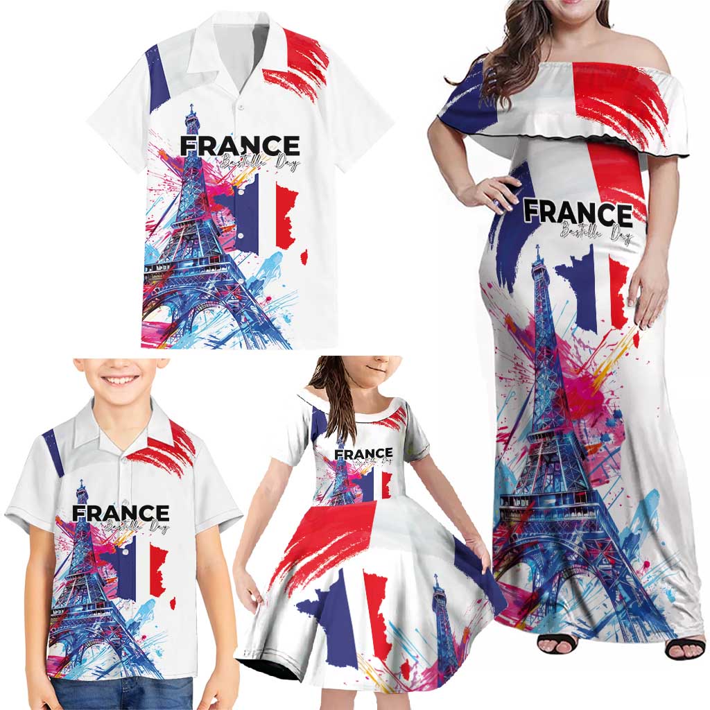 Bastille Day Family Matching Off Shoulder Maxi Dress and Hawaiian Shirt Eiffel Tower Brush Strokes Colorful with The Map