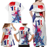 Bastille Day Family Matching Off Shoulder Maxi Dress and Hawaiian Shirt Eiffel Tower Brush Strokes Colorful with The Map