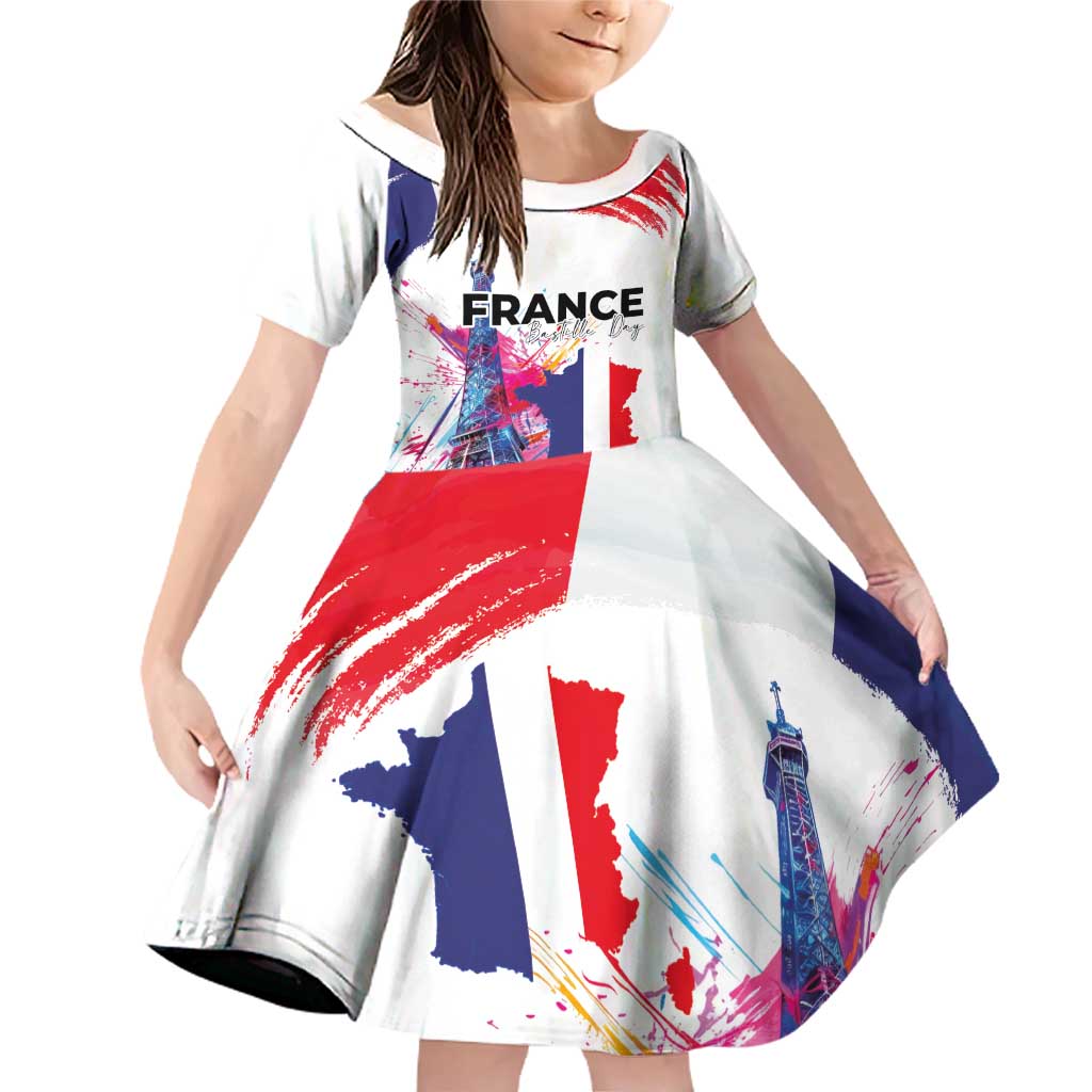 Bastille Day Family Matching Off Shoulder Short Dress and Hawaiian Shirt Eiffel Tower Brush Strokes Colorful with The Map