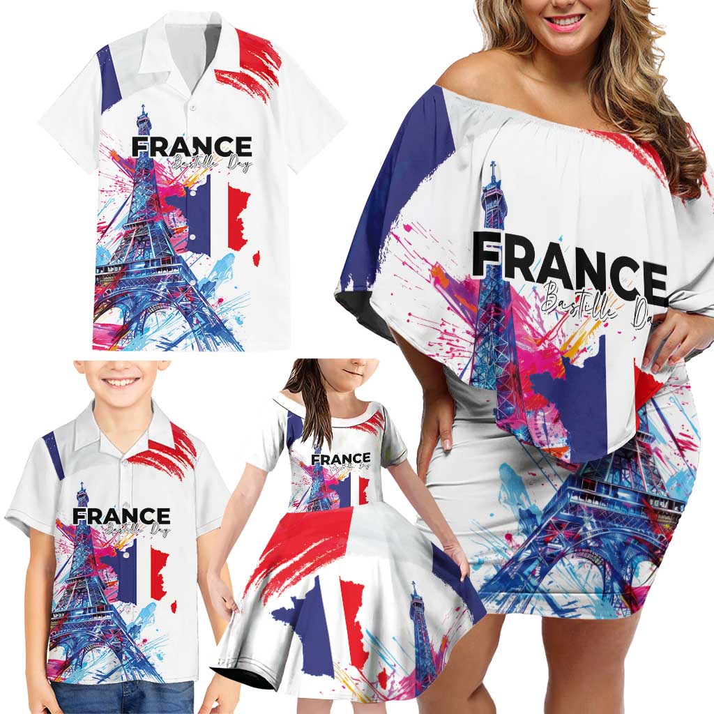 Bastille Day Family Matching Off Shoulder Short Dress and Hawaiian Shirt Eiffel Tower Brush Strokes Colorful with The Map