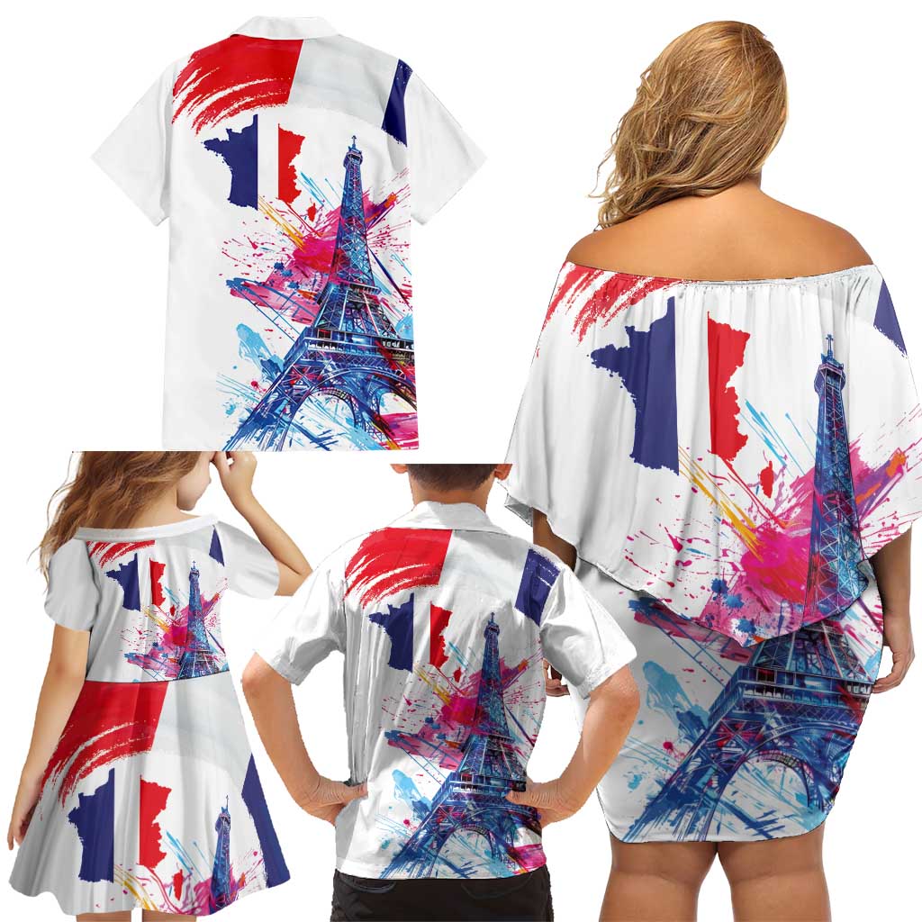 Bastille Day Family Matching Off Shoulder Short Dress and Hawaiian Shirt Eiffel Tower Brush Strokes Colorful with The Map