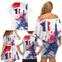 Bastille Day Family Matching Off Shoulder Short Dress and Hawaiian Shirt Eiffel Tower Brush Strokes Colorful with The Map