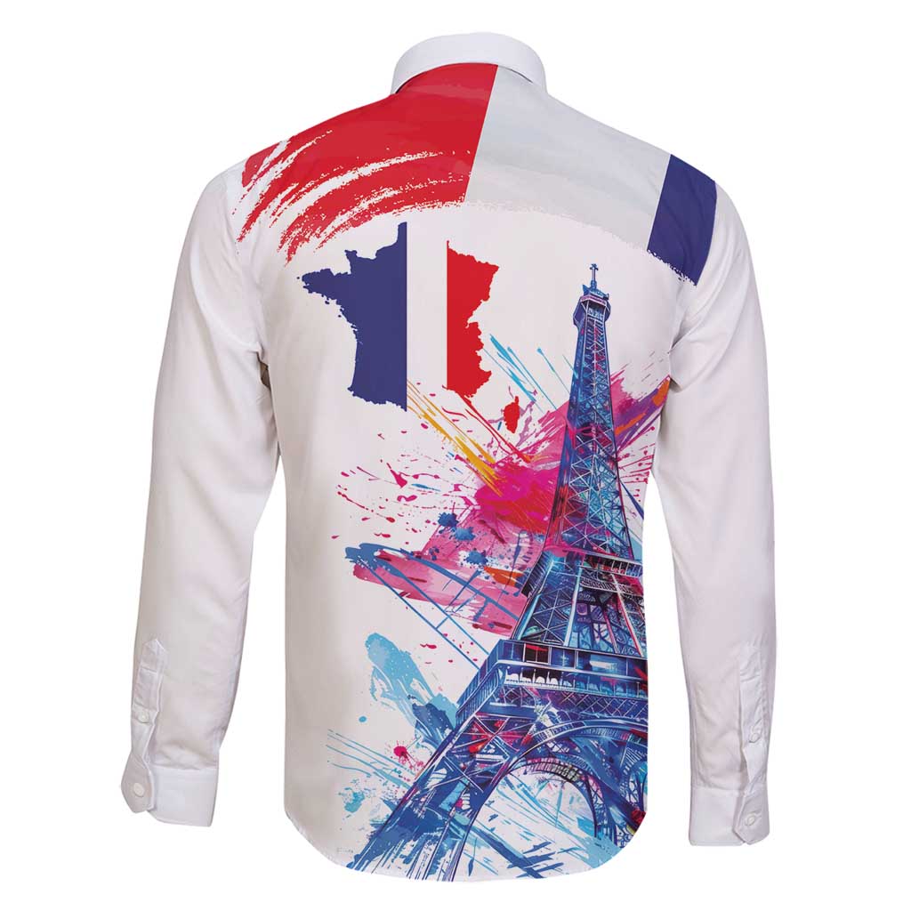 Bastille Day Family Matching Off Shoulder Short Dress and Hawaiian Shirt Eiffel Tower Brush Strokes Colorful with The Map