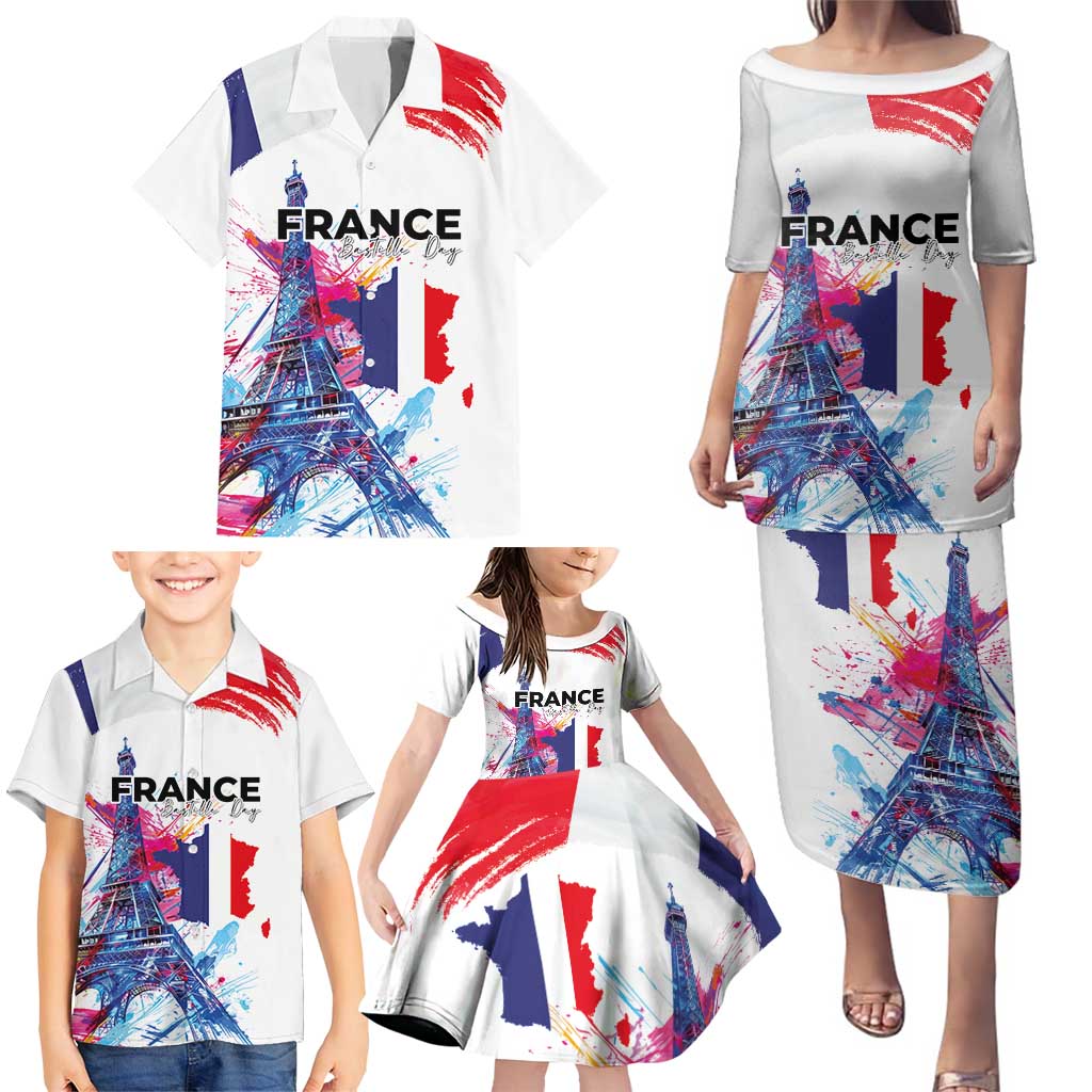 Bastille Day Family Matching Puletasi and Hawaiian Shirt Eiffel Tower Brush Strokes Colorful with The Map