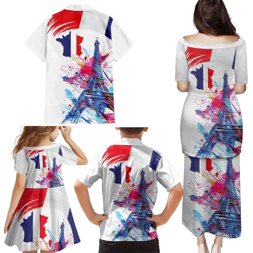 Bastille Day Family Matching Puletasi and Hawaiian Shirt Eiffel Tower Brush Strokes Colorful with The Map