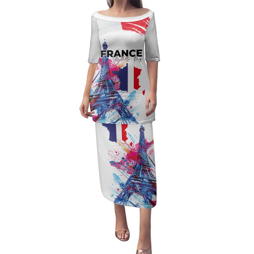 Bastille Day Family Matching Puletasi and Hawaiian Shirt Eiffel Tower Brush Strokes Colorful with The Map
