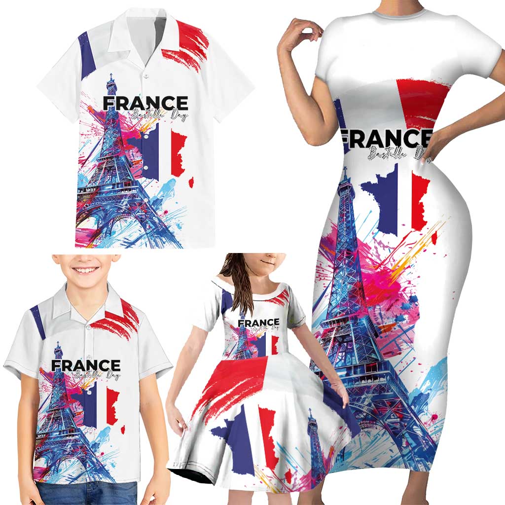 Bastille Day Family Matching Short Sleeve Bodycon Dress and Hawaiian Shirt Eiffel Tower Brush Strokes Colorful with The Map