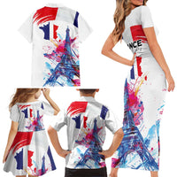 Bastille Day Family Matching Short Sleeve Bodycon Dress and Hawaiian Shirt Eiffel Tower Brush Strokes Colorful with The Map
