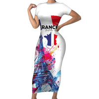 Bastille Day Family Matching Short Sleeve Bodycon Dress and Hawaiian Shirt Eiffel Tower Brush Strokes Colorful with The Map