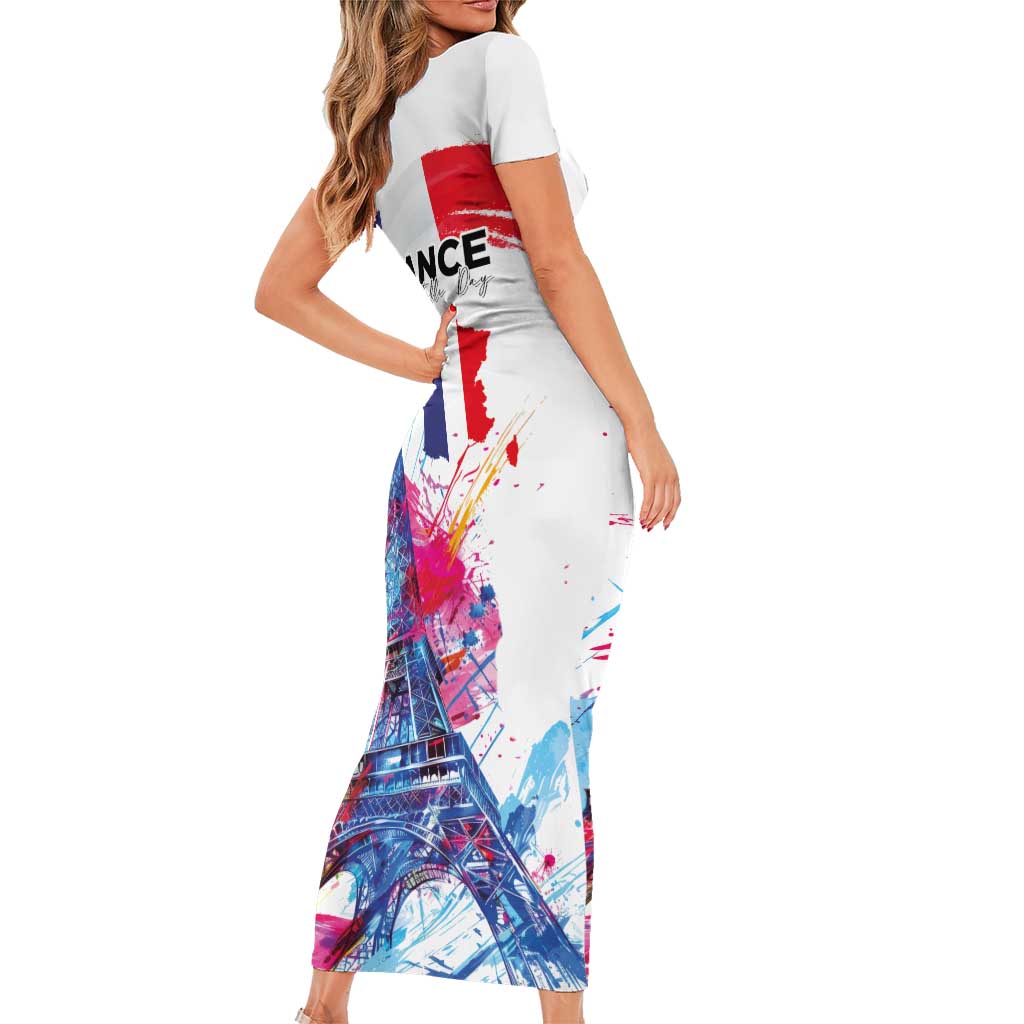 Bastille Day Family Matching Short Sleeve Bodycon Dress and Hawaiian Shirt Eiffel Tower Brush Strokes Colorful with The Map