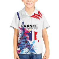 Bastille Day Family Matching Short Sleeve Bodycon Dress and Hawaiian Shirt Eiffel Tower Brush Strokes Colorful with The Map