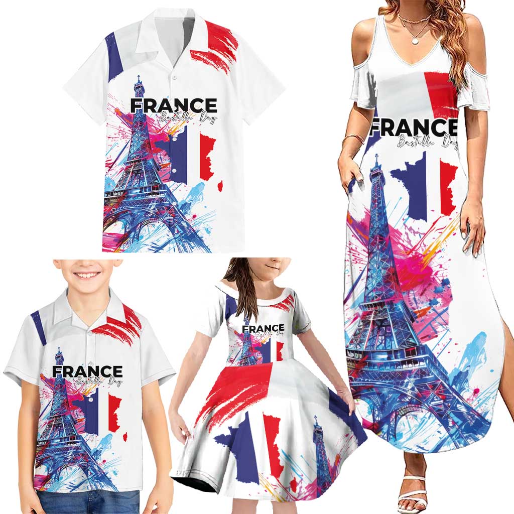 Bastille Day Family Matching Summer Maxi Dress and Hawaiian Shirt Eiffel Tower Brush Strokes Colorful with The Map