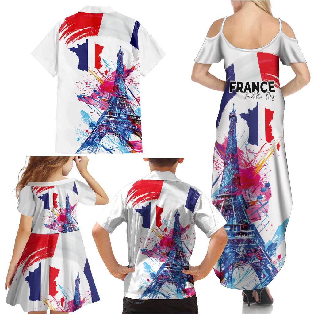 Bastille Day Family Matching Summer Maxi Dress and Hawaiian Shirt Eiffel Tower Brush Strokes Colorful with The Map