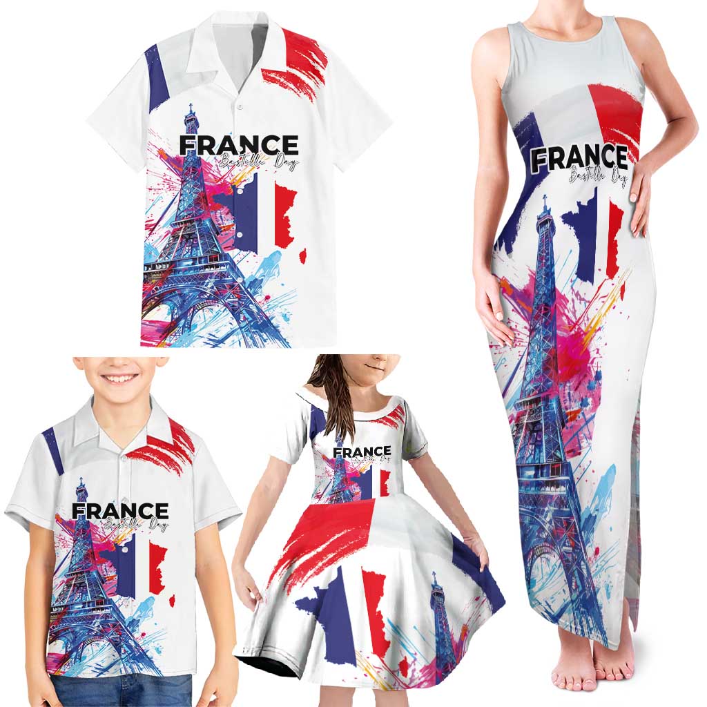Bastille Day Family Matching Tank Maxi Dress and Hawaiian Shirt Eiffel Tower Brush Strokes Colorful with The Map