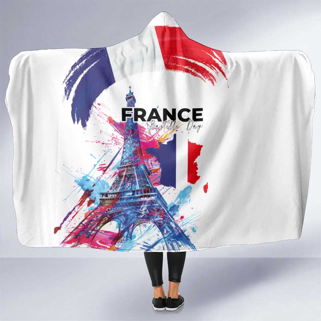 Bastille Day Hooded Blanket Eiffel Tower Brush Strokes Colorful with The Map