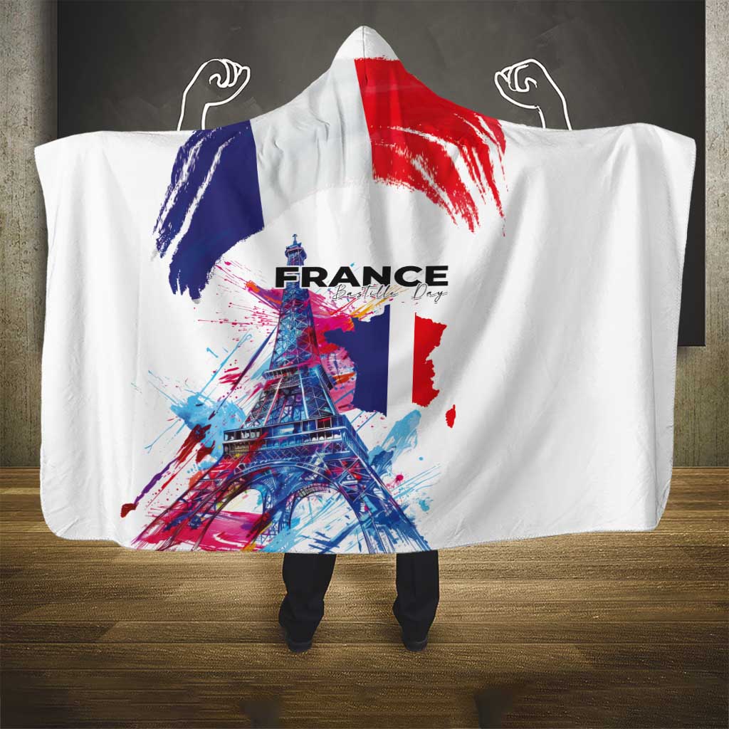 Bastille Day Hooded Blanket Eiffel Tower Brush Strokes Colorful with The Map
