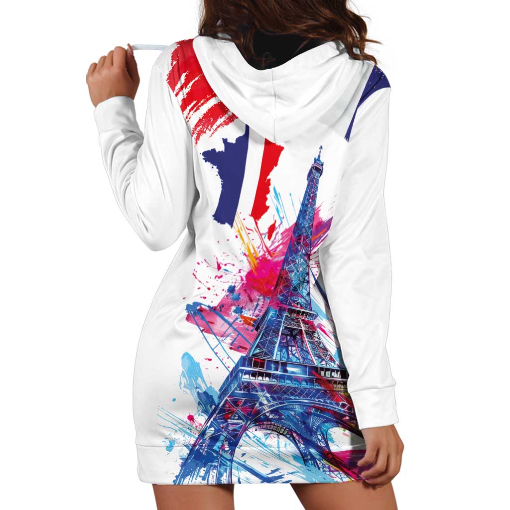 Bastille Day Hoodie Dress Eiffel Tower Brush Strokes Colorful with The Map