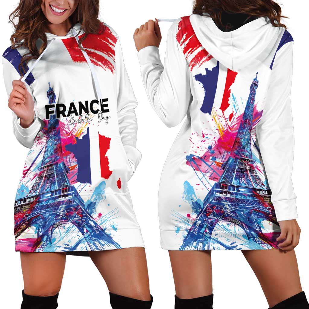 Bastille Day Hoodie Dress Eiffel Tower Brush Strokes Colorful with The Map