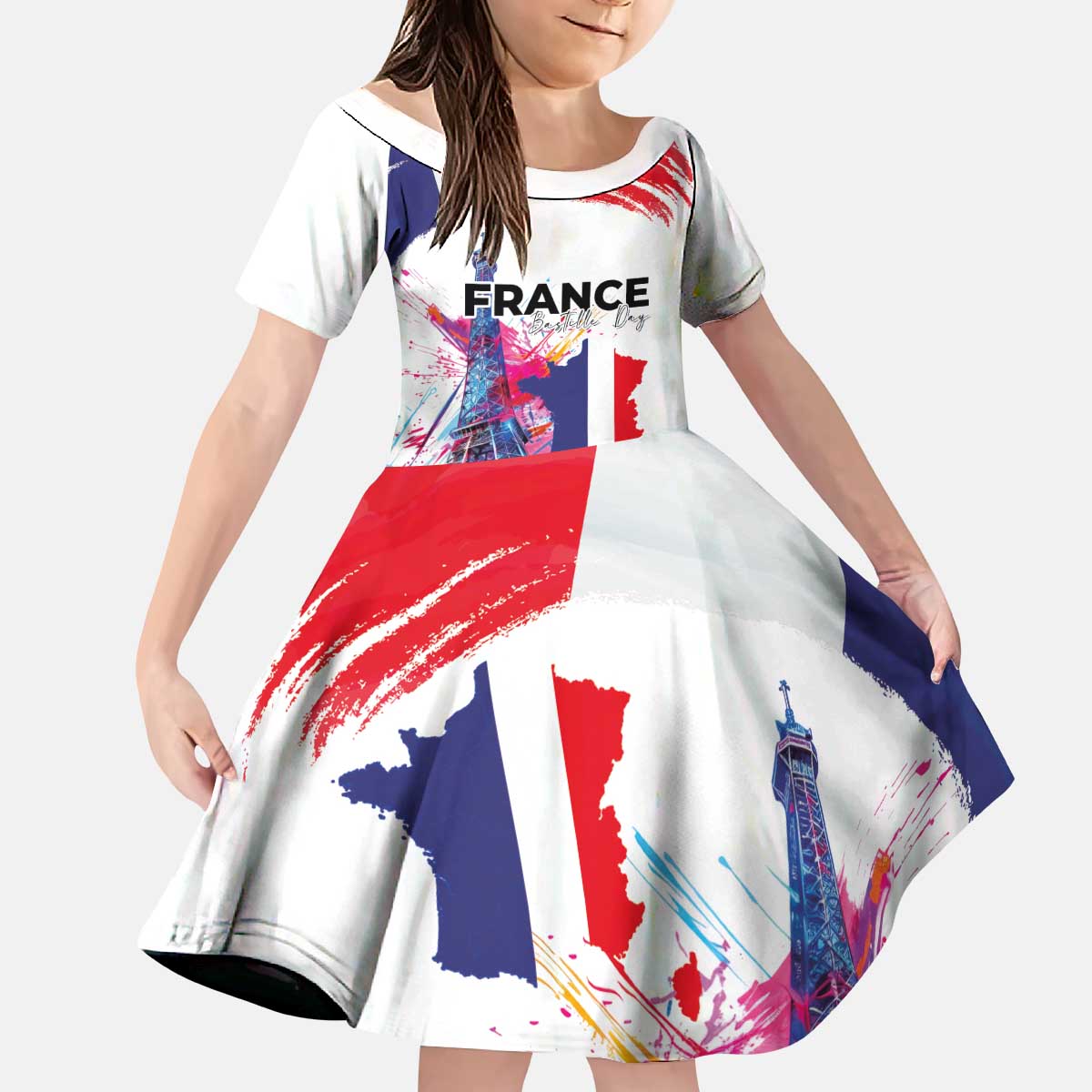Bastille Day Kid Short Sleeve Dress Eiffel Tower Brush Strokes Colorful with The Map