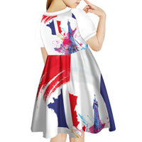 Bastille Day Kid Short Sleeve Dress Eiffel Tower Brush Strokes Colorful with The Map