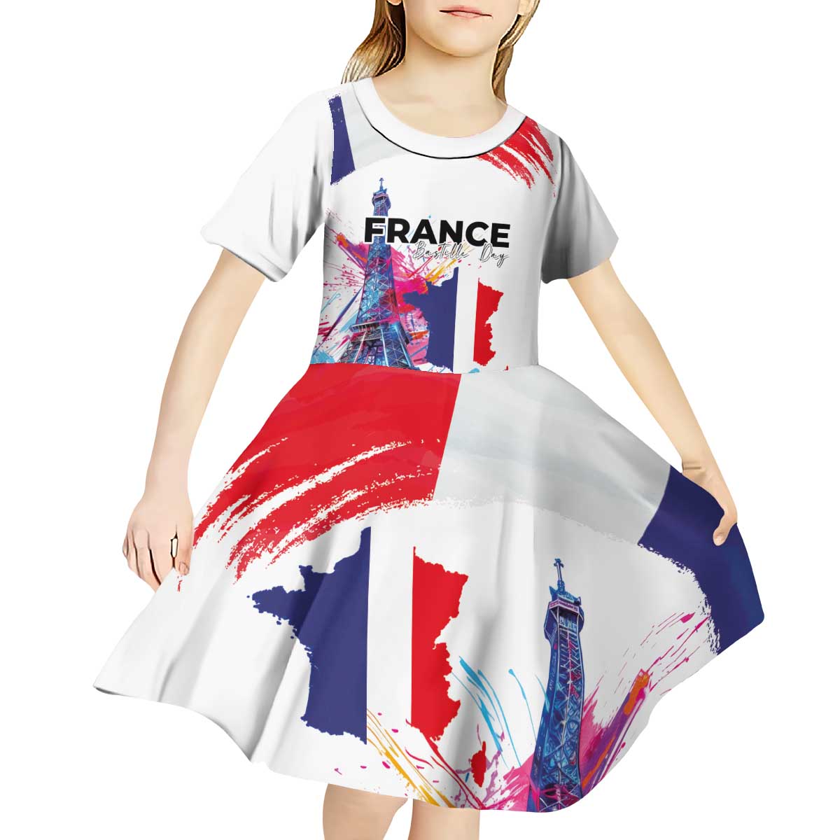 Bastille Day Kid Short Sleeve Dress Eiffel Tower Brush Strokes Colorful with The Map