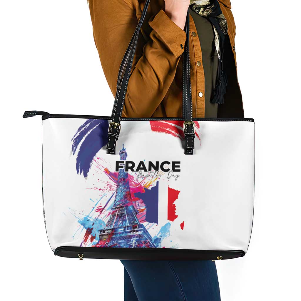Bastille Day Leather Tote Bag Eiffel Tower Brush Strokes Colorful with The Map