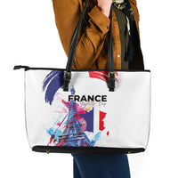 Bastille Day Leather Tote Bag Eiffel Tower Brush Strokes Colorful with The Map