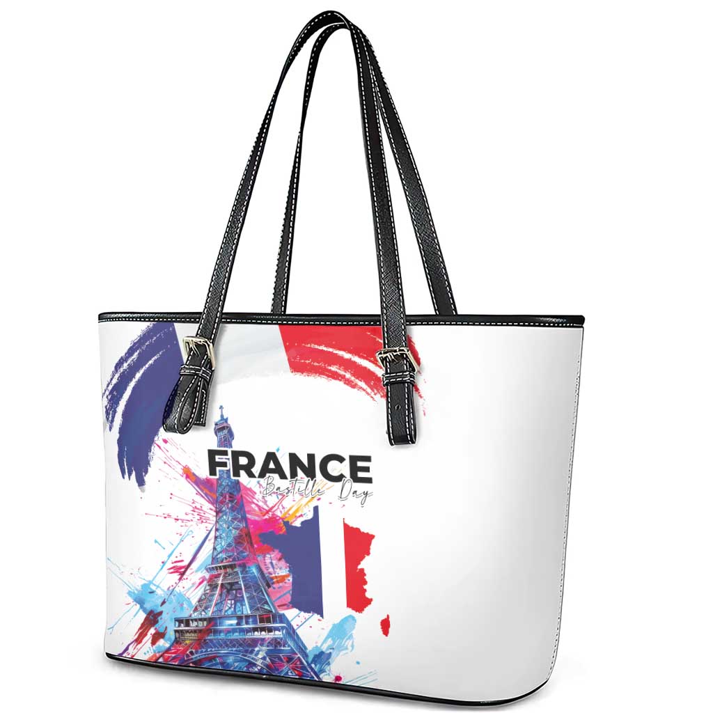 Bastille Day Leather Tote Bag Eiffel Tower Brush Strokes Colorful with The Map