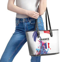 Bastille Day Leather Tote Bag Eiffel Tower Brush Strokes Colorful with The Map