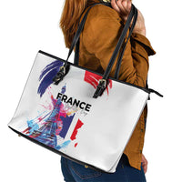 Bastille Day Leather Tote Bag Eiffel Tower Brush Strokes Colorful with The Map