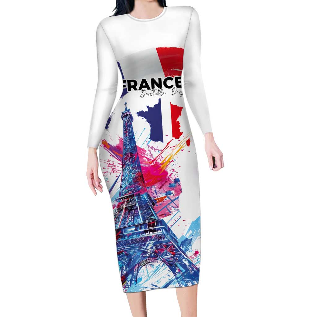 Bastille Day Long Sleeve Bodycon Dress Eiffel Tower Brush Strokes Colorful with The Map