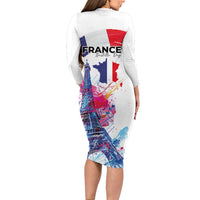 Bastille Day Long Sleeve Bodycon Dress Eiffel Tower Brush Strokes Colorful with The Map