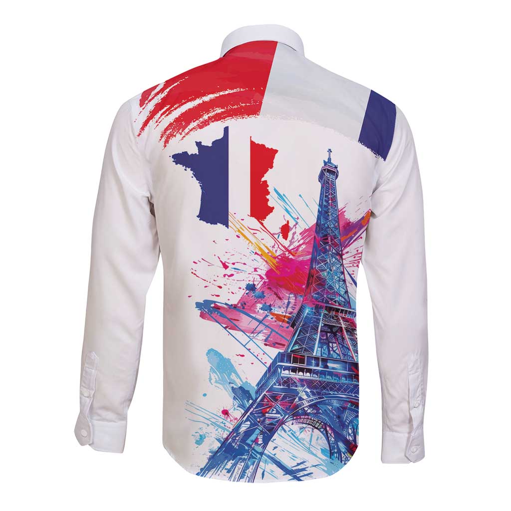 Bastille Day Long Sleeve Button Shirt Eiffel Tower Brush Strokes Colorful with The Map