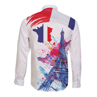 Bastille Day Long Sleeve Button Shirt Eiffel Tower Brush Strokes Colorful with The Map